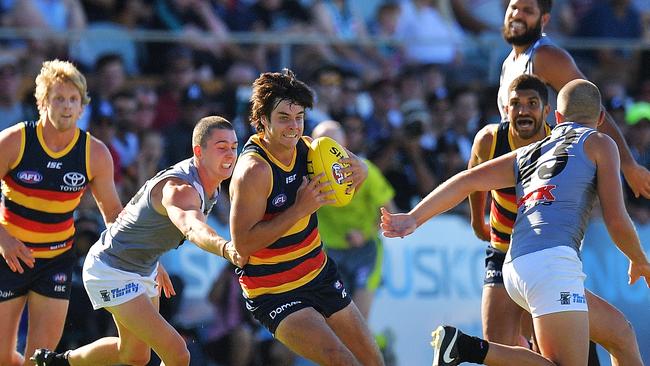 Adelaide’s Darcy Fogarty in the JLT clash against Port Adelaide Alberton Oval. Photo: Daniel Kalisz/Getty Images.