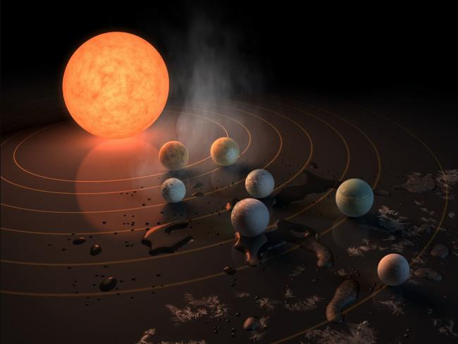 This artists’ representation of the TRAPPIST-1 solar system shows the possible relative features of its seven Earth-sized planets. Picture: Supplied