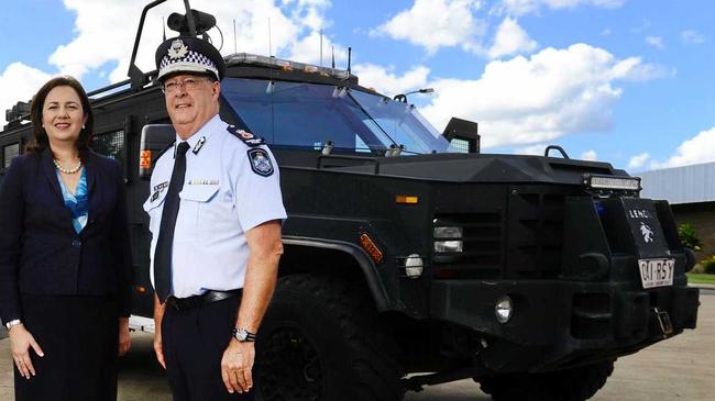 Premier Annastacia Palaszczuk, pictured with Police Commisioner Ian Stewart, has announced plans to build a new counter-terrorism facility in Wacol. Picture: David Nielsen