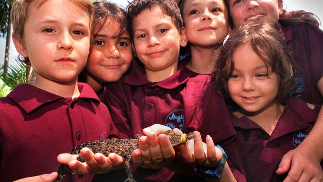 In 2004, baby Stampy was found at Jingili Primary School. She is pictured with students Jack Price, Kailin Rosas, Jordyn Carne, Cheley Watson, Tre Watson, Jaz Watson and Shayenne Carne. Picture: Michael Marschall