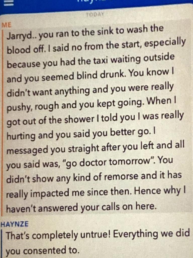 Snapchat messages sent between Jarryd Hayne and the woman he sexually assaulted several weeks after the incident. Picture: Supplied.