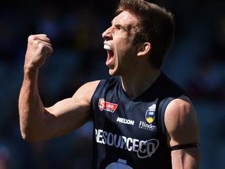 11/09/16 - SANFL: First semi-final at Adelaide Oval.  Adelaide Crows vs South Adelaide.  Souths Joel Cross celebrates kicking a goal.Photo Tom Huntley