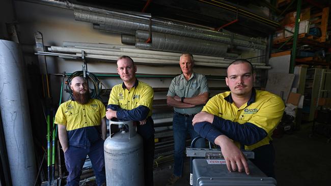 Gas fitters Zack Armstrong 31, Matthew Venz 29, owner Kent Vickers, and Liam Taylor 23 at QLD Industrial Gasfitting Sevices, in Meadowbrook, Brisbane.