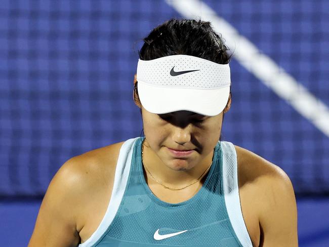 DUBAI, UNITED ARAB EMIRATES - FEBRUARY 18: Emma Raducanu of Great Britain reacts while playing against Karolina Muchova of the Czech Republic in their second round match during day three of the Dubai Duty Free Tennis Championships, part of the Hologic WTA Tour at Dubai Duty Free Tennis Stadium on February 18, 2025 in Dubai, United Arab Emirates. (Photo by Christopher Pike/Getty Images)