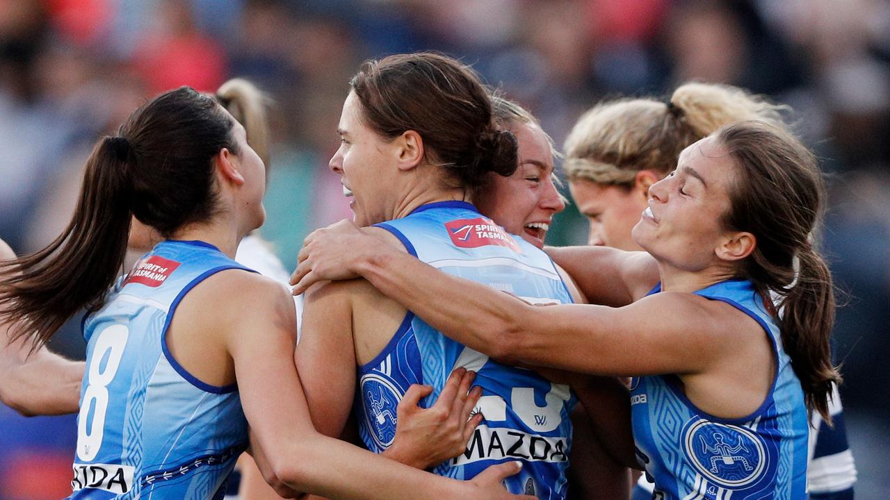 Alice OLoughlin celebrates a goal with teammates during their elimination final against Geelong at GMHBA Stadium. Picture: Dylan Burns/AFL Photos via Getty Images