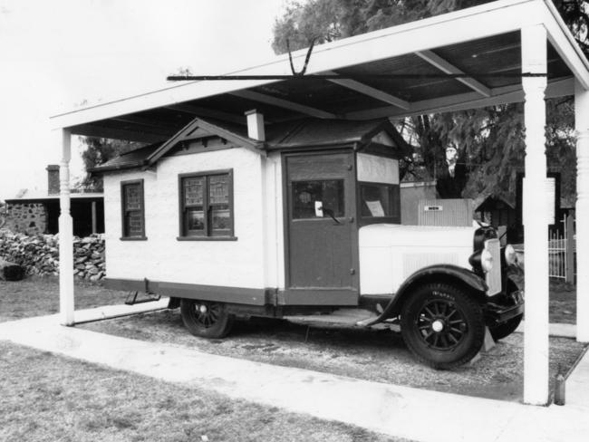 One of the first caravans built in Australia rests in the grounds of the regional tourist centre at Nuriootpa in 1990. Picture: Narelle Autio