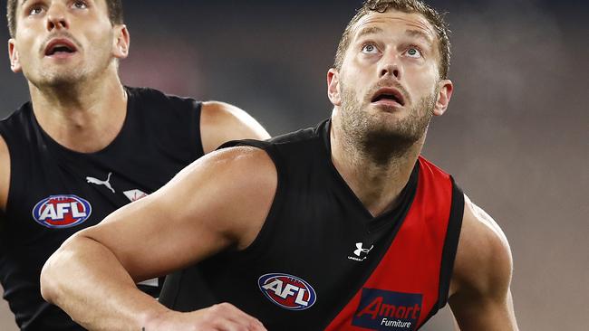 With the emergence of Sam Draper, McGuane says it’s time for the Bombers to put a line through ruckman Tom Bellchambers’ name. Picture: Getty Images