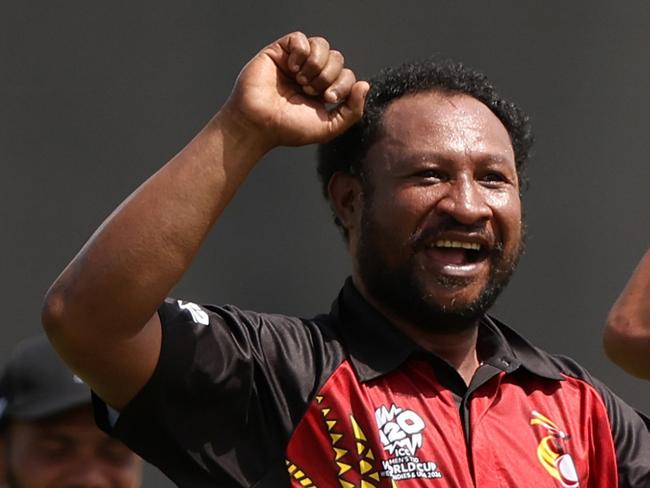 GEORGETOWN, GUYANA - JUNE 02: Assad Vala of Papua New Guinea celebrates the wicket of Sherfane Rutherford of West Indies during the ICC Men's T20 Cricket World Cup West Indies & USA 2024 match between West Indies and Papua New Guinea at  Providence Stadium on June 02, 2024 in Georgetown, Guyana. (Photo by Darrian Traynor-ICC/ICC via Getty Images)