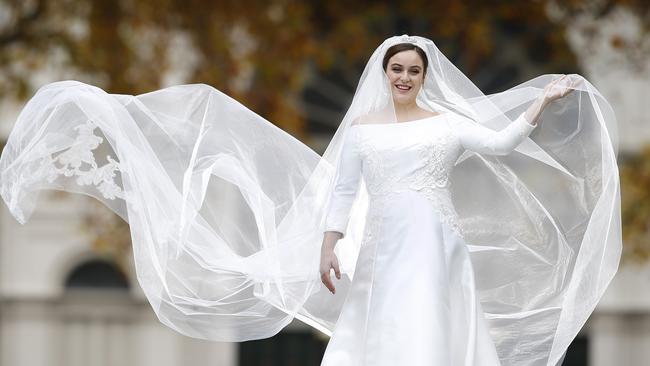 Bride to be Natasha Failla, 28, wearing a replica of Meghan's dress by Melbourne designer Aldo Terlato. Picture: David Caird