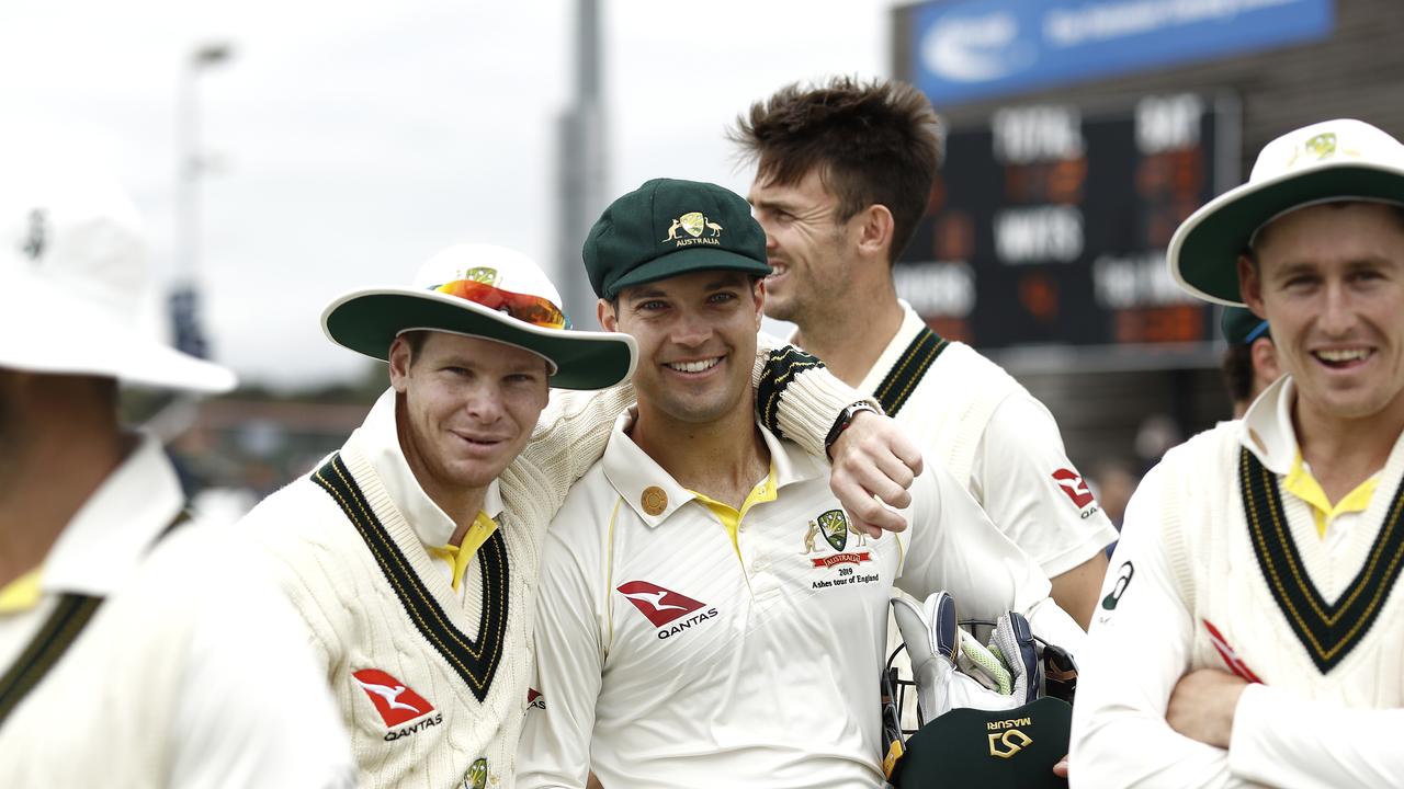 Australia’s players are all smiles after beating Derbyshire.