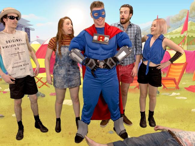 Captain Rewind — aka YouTube star Jazza — in a scene from The Ripple Effect Part Two, arrives to educate young adults at a music festival on how to help a friend in the midst of a medical emergency.