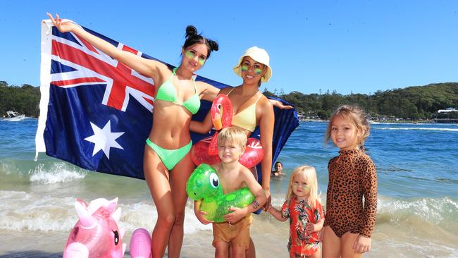 26th January 2021 - Varsity friends Nicole Hance and Tahnee Stewart with children Tyee Hance (4), Miesha Hance (2) and Milli Madam (5) were celebrating Australia Day at Tallebudgera Creek. Picture: Scott Powick