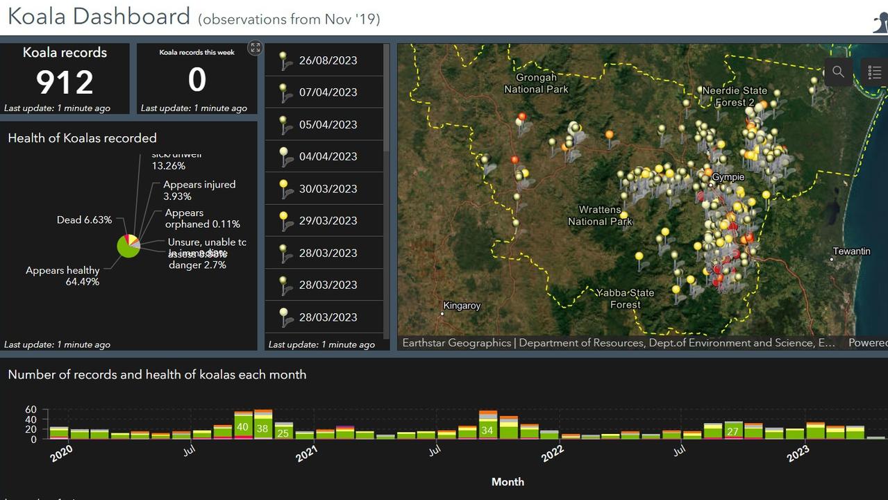 The Koala Dashboard on Gympie Regional Council's website is a key way to track, monitor, sight and understand koala populations in the area. Picture: Gympie Regional Council