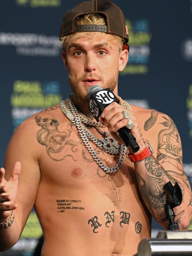 Jake Paul answers questions during a press conference prior to his August 29 fight with Tyron Woodley. Photo by Jason Miller/Getty Images.