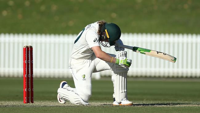 Will Pucovski goes down after being hit in the Australia A tour game against India