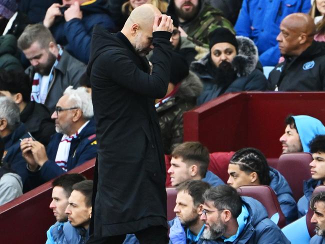 BIRMINGHAM, ENGLAND - DECEMBER 21: Pep Guardiola, Manager of Manchester City, reacts during the Premier League match between Aston Villa FC and Manchester City FC at Villa Park on December 21, 2024 in Birmingham, England. (Photo by Dan Mullan/Getty Images)