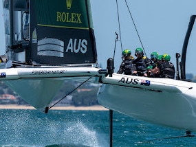 Australia SailGP Team helmed by Tom Slingsby in action during a practice session ahead of The Rolex SailGP 2025 Championship ITM New Zealand Sail Grand Prix in Auckland, New Zealand. Tuesday 14 January 2025. Photo: Bob Martin for SailGP. Handout image supplied by SailGP