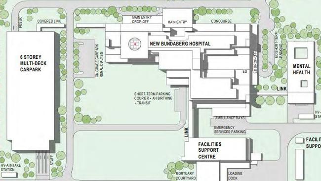 New Bundaberg hospital concept plans show the location of the mental health wing (right) and the massive car park (left).