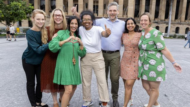 Queensland Greens Wendy Aghdam, Michaela Sargent, Seal Chong Wah, Trina Massey, Michael Berkman, Quintessa Denniz and Kath Angus outside Brisbane City Hall in King George Square after the Brisbane City Council elections. Picture: Richard Walker