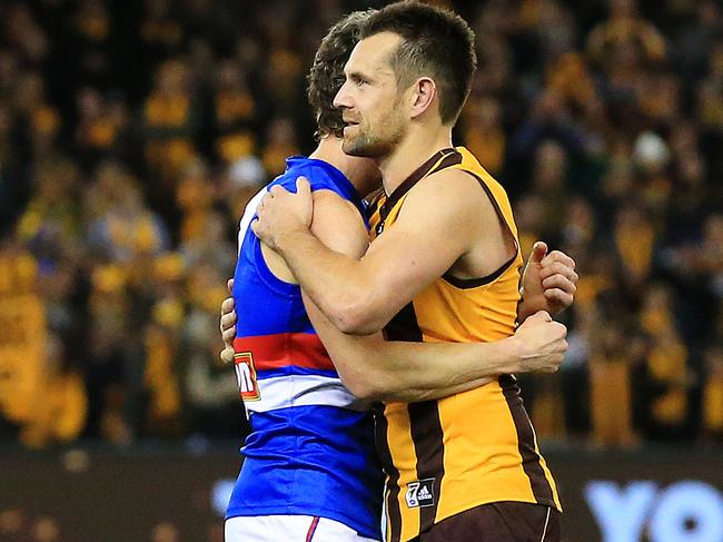 AFL Round 23: Hawthorn v. Western Bulldogs at Etihad Stadium. Robert Murphy and Luke Hodge shake hands post match. Picture: Mark Stewart