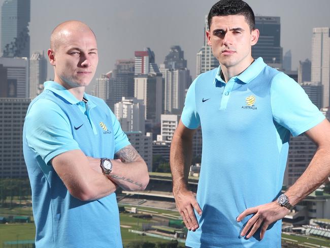 The Socceroos are in Bangkok to play Thailand in a World Cup Qualifier. Aaron Mooy and Tom Rogic on the roof of the Grand Hyatt in Bangkok. Pic Jono Searle.