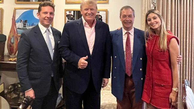 Holly Valance and her husband Nick Candy (left) dined with former US president Donald Trump and conservative former British politician Nigel Farage in 2022. Picture: X