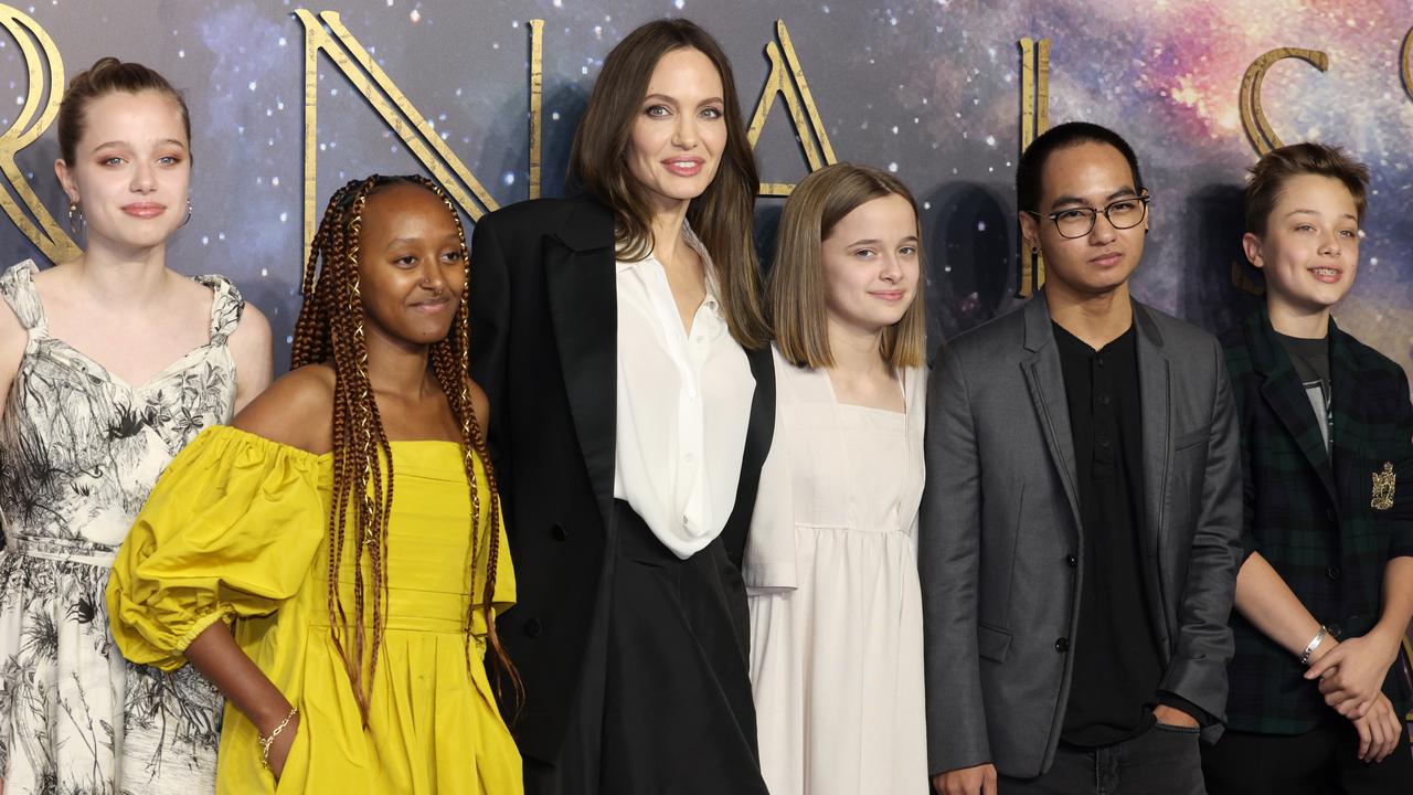 Angelina and her children (L to R) Shiloh, Zaharat, Vivienne, Maddox and Knox in 2021. Picture: Tim P. Whitby/Getty Images