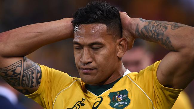 Israel Folau’s career as a Wallaby has likely come to an end. Picture: AAP Image/Dave Hunt