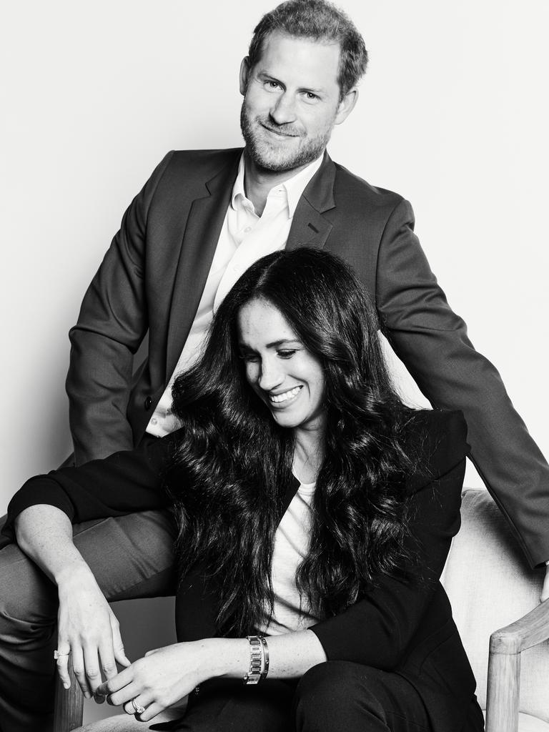 Prince Harry and Meghan Markle looking chic and relaxed in a new picture from TIME100. What looks like Diana’s Cartier watch can be seen on Meghan’s wrist. Picture: Matt Sayles/PA/AAP