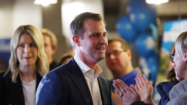 Sturt MP James Stevens at his election-night party at the Robin Hood Hotel. Picture: NCA NewsWire / David Mariuz