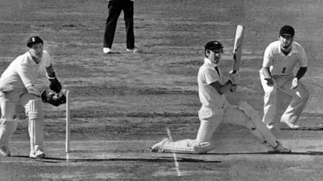 Keeper David Bairstow, father of Jonny, watches Kim Hughes play a shot at Lords Cricket Ground in London in 1980.