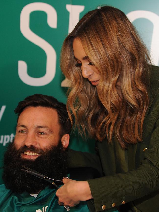 Nadia shaved off Jimmy’s beard in 2015 as part of his anti domestic violence campaign, #FaceUpToDV. Picture: AAP