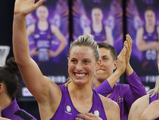 BRISBANE, AUSTRALIA - JULY 15: Laura Geitz of the Firebirds and Kimberley Jenner thank the crowd after the win during the round 11 Super Netball match between the Firebirds and the Giants at Brisbane Entertainment Centre on July 15, 2018 in Brisbane, Australia. (Photo by Jono Searle/Getty Images)