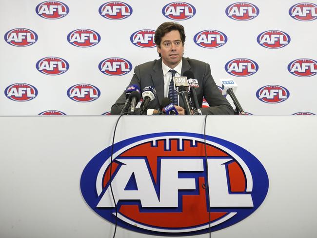 Gillon McLachlan speaks at an AFL press conference. Picture: Scott Barbour/Getty Images