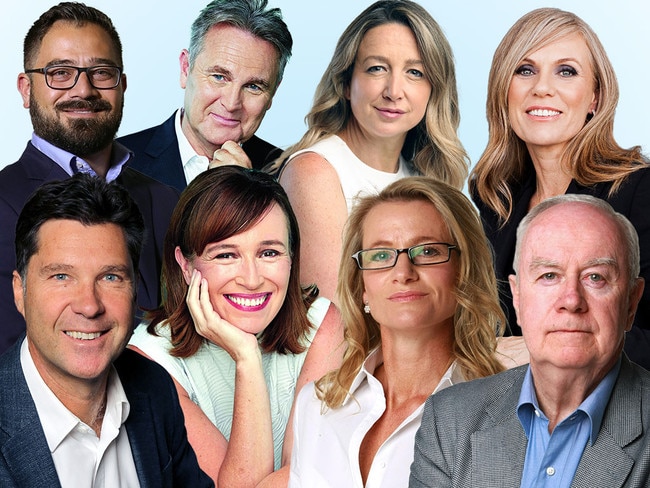 Stars of The Weekend Australian. Top row left to right: Geoff Chambers, Bernard Salt, Jessica Halloran, Caroline Overington. Bottom row left to right: Cameron Stewart, Nikki Gemmell, Janet Albrechtsen, Paul Kelly