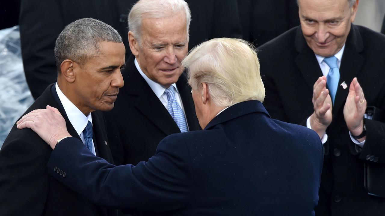 Barack Obama and Joe Biden with Donald Trump at his 2017 inauguration in Washington. Picture: Paul J. Richards/ AFP