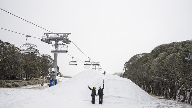 Snow is expected to fall to about 1100m across alpine regions in Victoria, NSW and Tasmania and lower again on Sunday as colder air moves through the southeast. Picture: Mt Buller