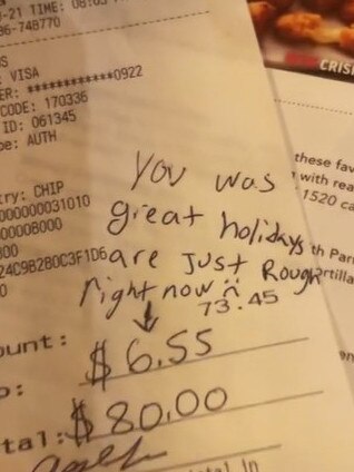 The customer wrote “holidays are rough” on the receipt. Picture: @KingJ24 / TikTok