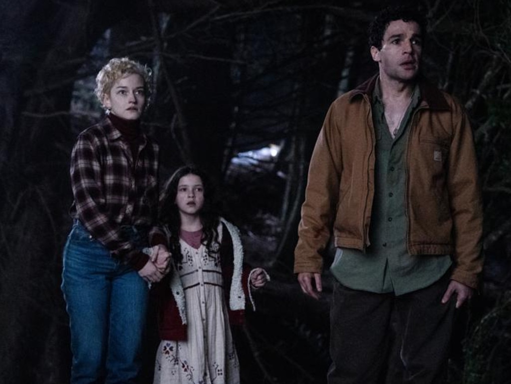 Charlotte (Julia Garner), Ginger (Matilda Firth) and Blake (Christopher Abbott) in Wolf Man, directed by Leigh Whannell.