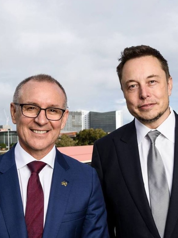 Former South Australian Premier Jay Weatherill in 2017 with US President Donald Trump’s head of the Department of Government Efficiency and Tesla chief Elon Musk. Picture: Facebook