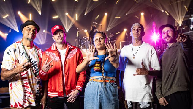 From left: N'fa Jones, MC Bliss, Barkaa, MC Eso and DJ Izm at Sydney’s Hordern Pavilion on Tuesday. Picture: Chris Pavlich