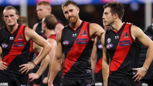 A subdued Dyson Heppell and Zach Merrett after Essendon was soundly beaten. Picture: Mark Kolbe/Getty Images