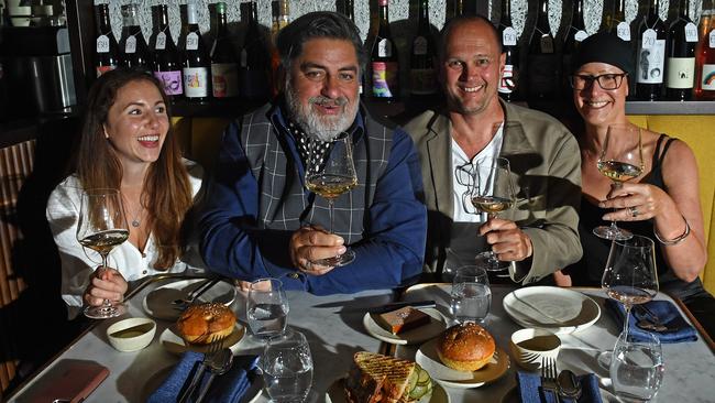 delicious.South Australia editor Jess Galletly with Matt Preston and delicious.100 People's Choice competition winners Patrick and Tracey Campbell dining at the Leigh Street Wine Room. Picture: Tom Huntley