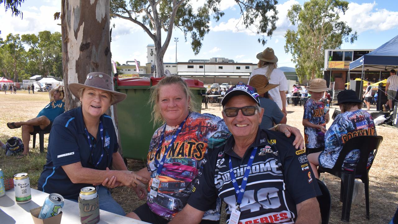 Leanne and Steven McDonald with Kay McCarthy from Rockhampton. Burnout precinct at Rockynats 2022.