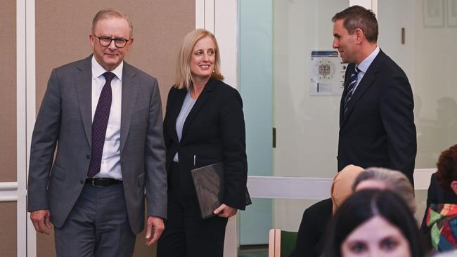 Prime Minister Anthony Albanese enters the caucus room to discuss the budget with Finance Minister Katy Gallagher and Treasurer Jim Chalmers. Picture: NCA NewsWire / Martin Ollman