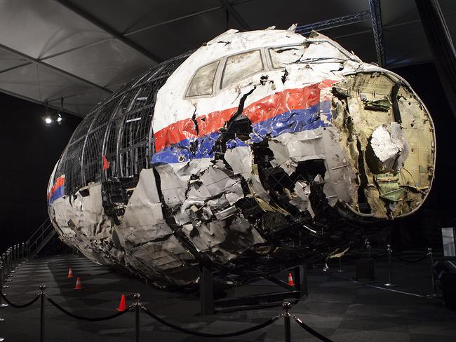 A reconstructed section of the Malaysia Airlines plane that was downed by a missile over Ukraine, killing all 298 people on board. Picture: AAP Image/Dutch Safety Board