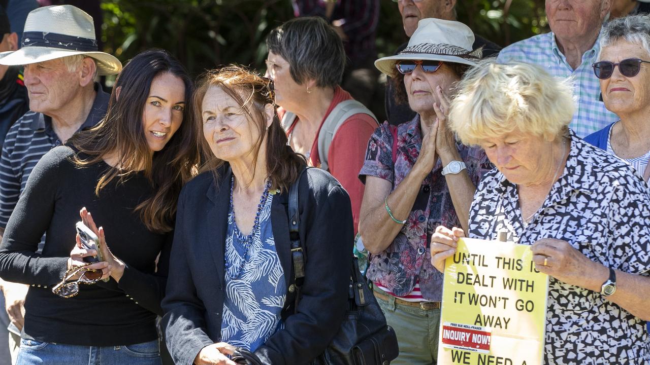 Sarah Bowles and her mother Sue Neill- Fraser at the Support Rally at Parliament lawns, Hobart. Picture: Chris Kidd