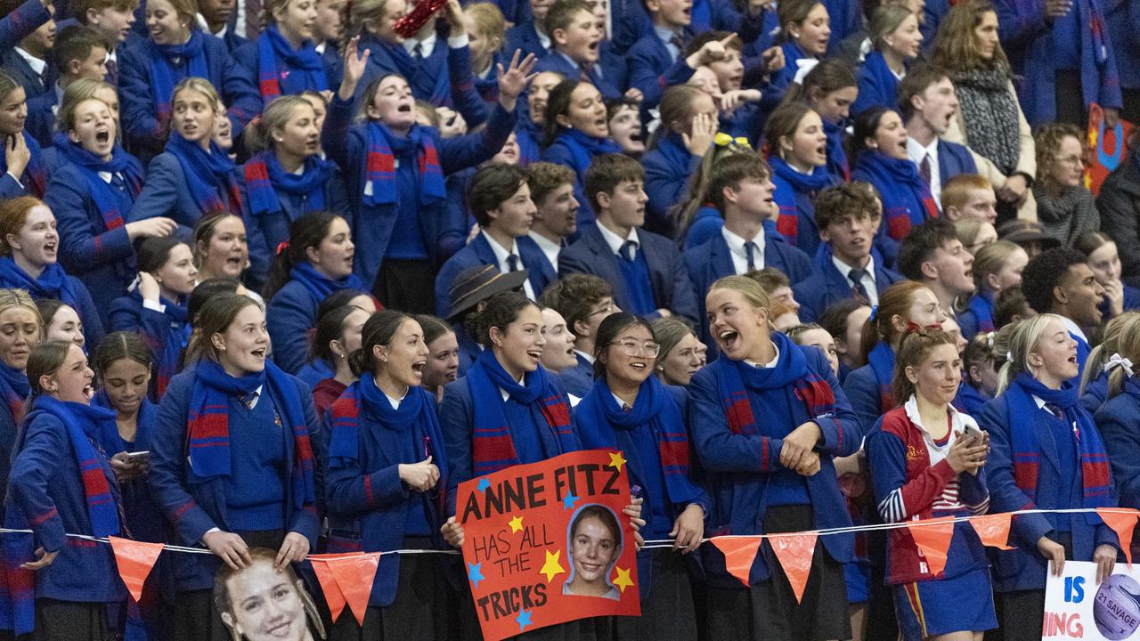 Downlands students cheer their First VII against St Ursula's Senior A in Merici-Chevalier Cup netball at Salo Centre, Friday, July 19, 2024. Picture: Kevin Farmer