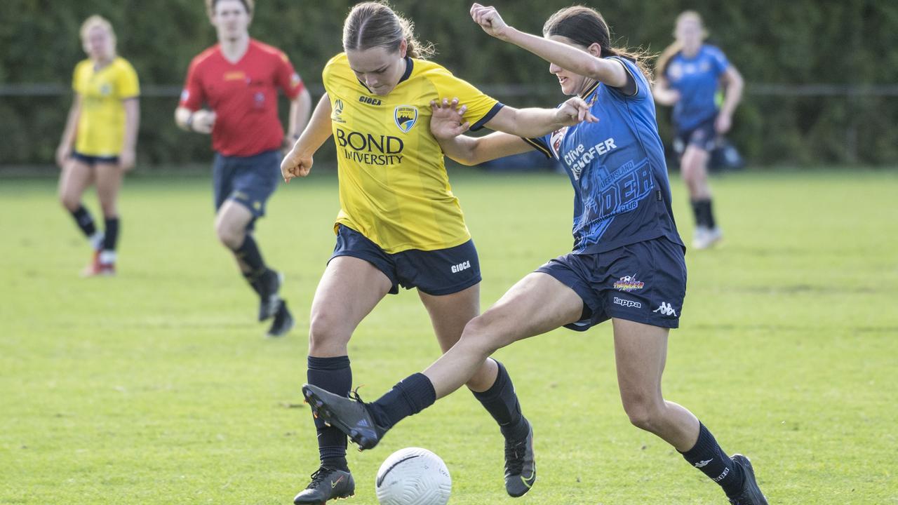 Former South West Queensland Thunder player Lucy Major (right) has been a key player for Mitchelton this season. Picture: Nev Madsen.