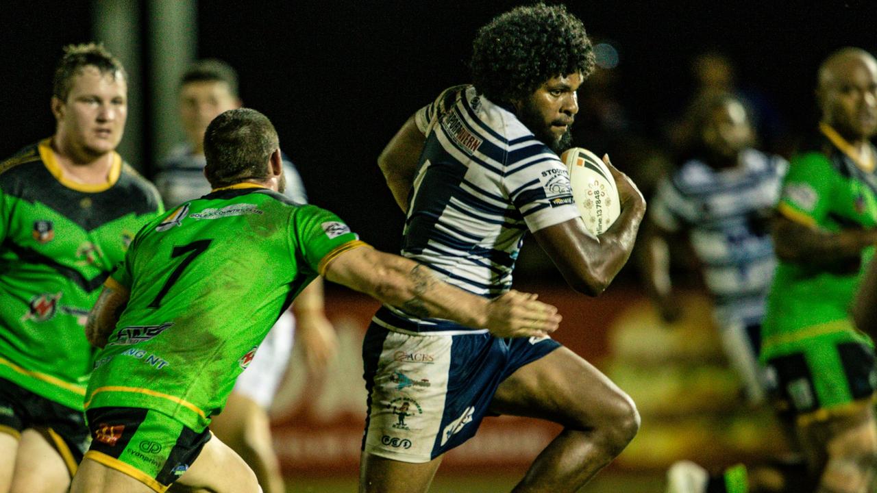 Darwin Brothers Caleb Niki on the charge against Palmerston Raiders in the 2022 NRL NT A-Grade prelim final. Picture: Glenn Campbell